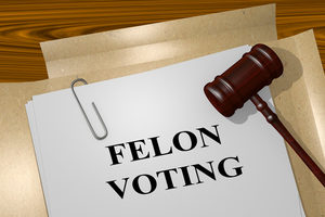 Open Manila Folder Containing Paperclipped Case Files Titled Felon Voting Next to Gavel