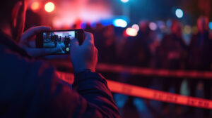 Reporter capturing footage on a smartphone at a breaking news scene, with police tape in the background --ar 16:9 --v 6.1 Job ID: d407876c-b31b-4347-805b-35c75f05bb2b